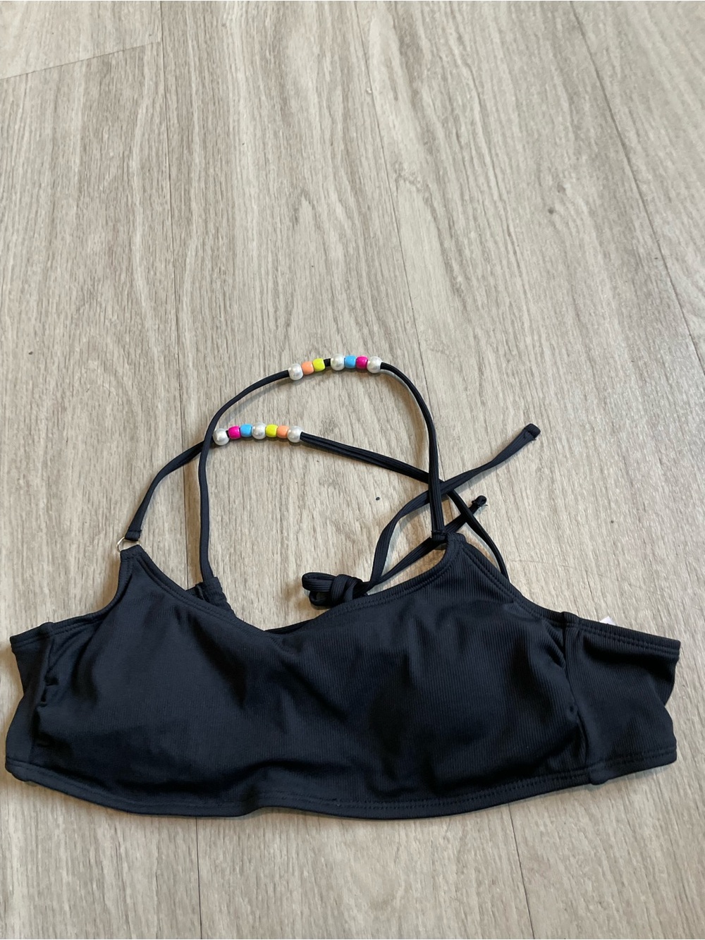Celebrity Pink Black Bikini Top with Colorful Beaded Straps